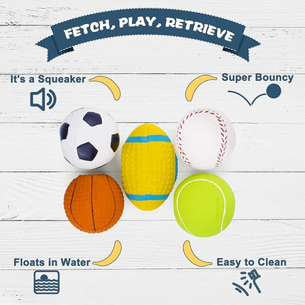 Squeaky Dog Ball, Soft Latex Rubber Squeaky Dog Toys for Small Dogs Puppies, Cute Squeak Toys Play Ball - Tennis, Soccer, Football, Basketball and Baseball