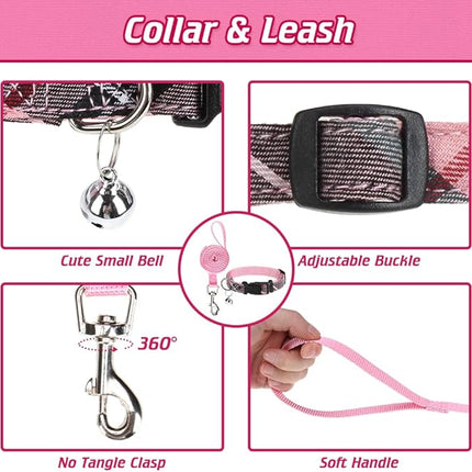 EXPAWLORER Classic Plaid Puppy Harness - Small Dog Harness and Leash Set - Dog Collar and Leash Set with AirTag Holder, Soft Padded Step in Dog Vest Harness No Pull Reflective for Outdoor, Pink S