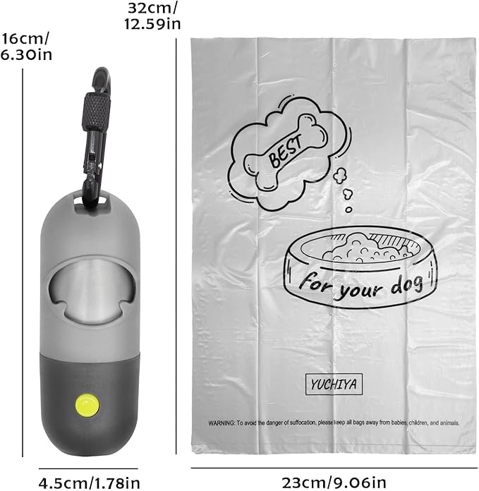 Dog Poop Bags Holder with LED Flashlight|Pet Waste Bags Dispenser for Leash|Doggie Potty Bags Container with Leak-proof Pet Trash Bags and Accessories (1 Holder 195 Bags, Grey and Black)