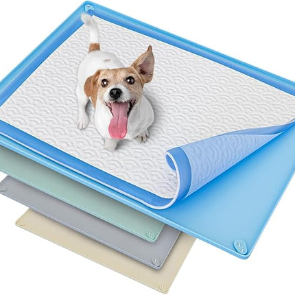 Skywin TidyFriend Dog Pee Pad Holder Tray Fits for 30” x 23” Pee Pads with Corner Lock Holes, Raised Edges, Non-Spill, Easy to Clean Silicone Dog Potty Tray Holder, for Indoor Floor Protection (Blue)