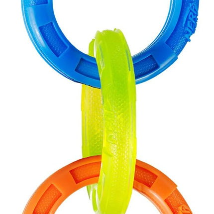 Nerf Dog 3-Ring Tug Outdoor Dog Toy, 10.5 Inch Ring Dog Tug Toy for Medium and Large Breeds, Blue/Green/Orange
