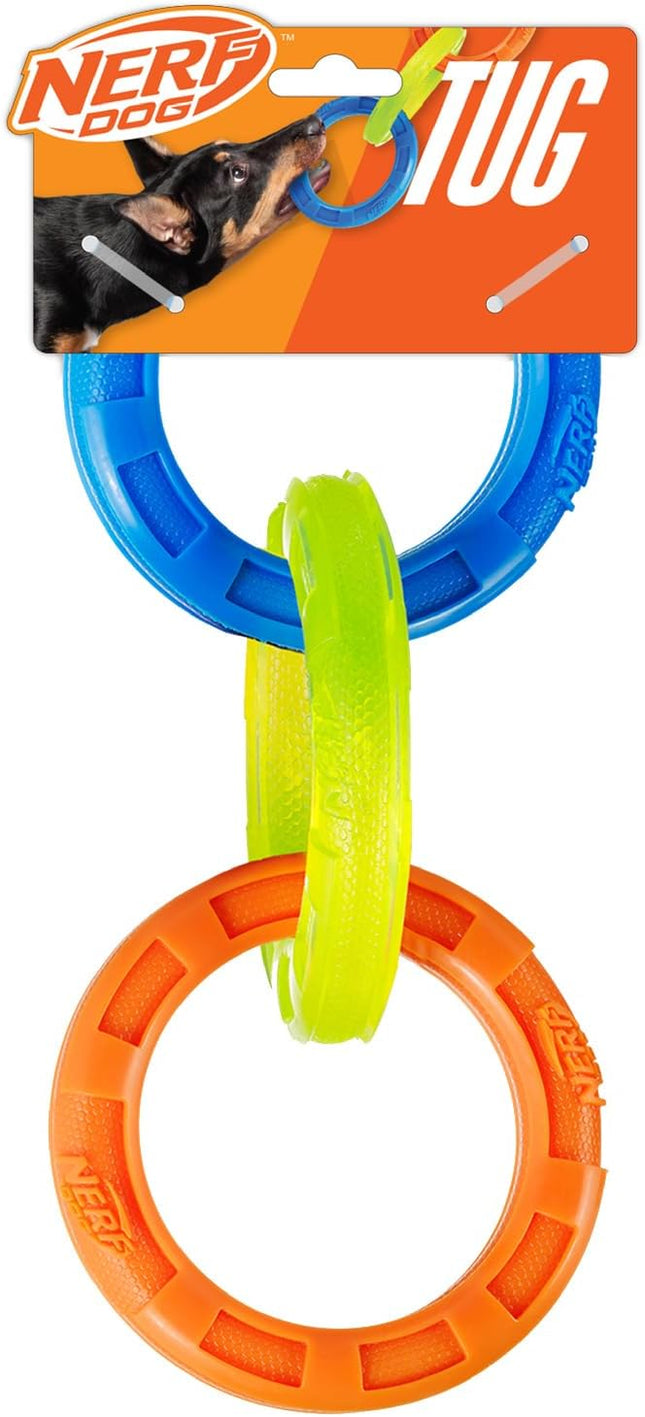 Nerf Dog 3-Ring Tug Outdoor Dog Toy, 10.5 Inch Ring Dog Tug Toy for Medium and Large Breeds, Blue/Green/Orange