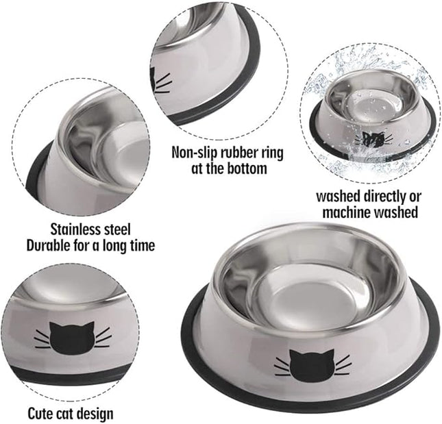 Cat Bowls for Food and Water,2PCS Rapsrk Non-Slip Stainless Steel 8 Oz Pet Bowl with Removable Rubber Base Dog Bowl,Stackable Cat Puppy Dishes Bowls with Cute Cats Painted