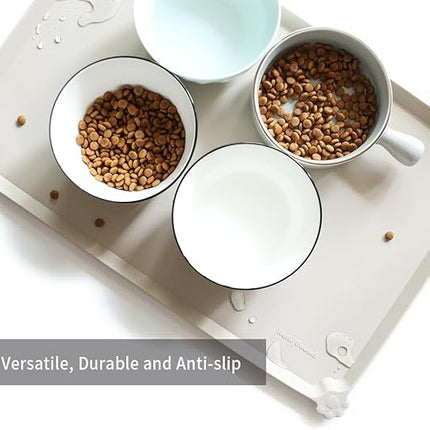 Hoki Found L Silicone Pet Food Mats - Non Slip Cat & Dog Bowl Mats - Waterproof & Carpet Safe - Cream Brown