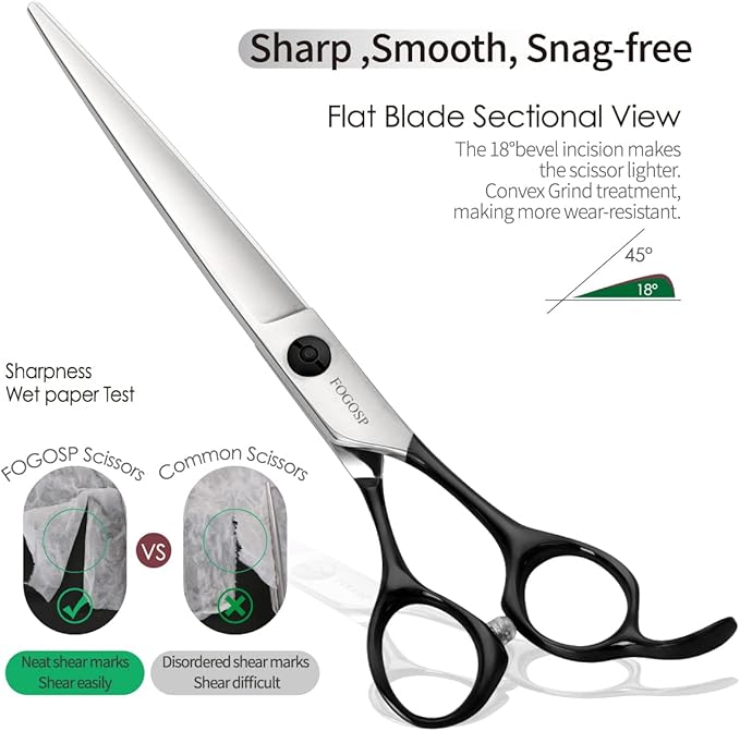 Professional Dog Grooming Scissors Straight 7" Grooming Shears for Cutting Small Pet Cat Thick Hair Japan 440C Stainless Steel Super Sharp Right Handed(7 in Straight, Black)