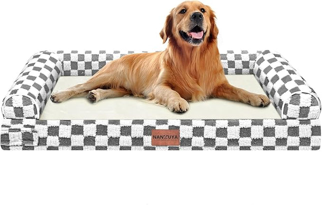 Large Dog Bed Orthopedic Washable: Beds Bolster XL Bed Big XLarge Dogs Egg Crate Foam Couch Sofa Waterproof with Removable Cover - Dark Grey Grid