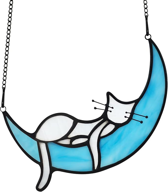Sleeping White Cat on Moon Stained Glass Window Hangings,Cats Decor Cat Memorial Gifts for Cats Lovers,Suncatcher for Kitchen Bedroom Birthday Gift for Mom Grandma Aunt
