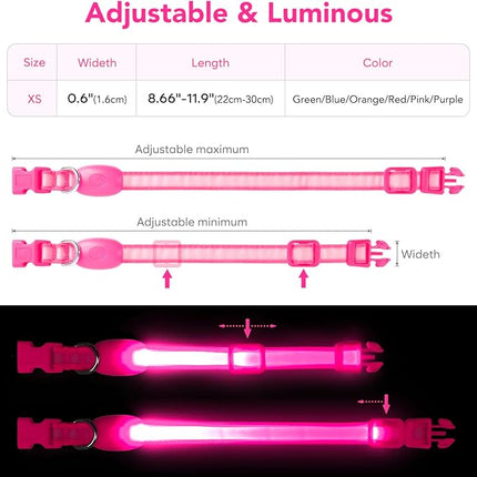 Light up Collar for Small Dog,Vizpet XS Adjustable Size Nylon Collar USB Rechargeable Bright Safety Pet Collar for Cats Small Dogs (Pink, X-Small[ 8.66-11.9 inch/22cm-30cm])