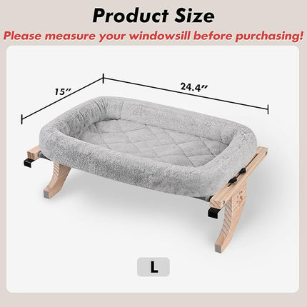 AMOSIJOY Cat Sill Window Perch Sturdy Hammock Window Seat with Cushion Cover, Wood & Metal Frame for Large Cats, Easy to Adjust Cat Bed for Windowsill, Bedside, Drawer and Cabinet (L)