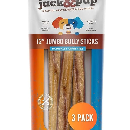 Jack&Pup 12 Inch Jumbo Bully Sticks for Dogs (3 Pack) Single Ingredient Dog Bully Sticks for Large Dogs and Aggressive Chewers
