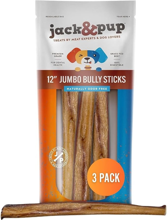 Jack&Pup 12 Inch Jumbo Bully Sticks for Dogs (3 Pack) Single Ingredient Dog Bully Sticks for Large Dogs and Aggressive Chewers