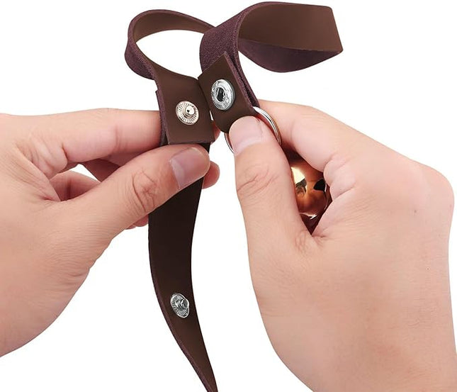 Leather Dog Doorbells for Door Knob/Potty Training/Go Outside, Length Adjustment Copper Dog Bell, Housetraining Hanging Bell, Dark Brown Leather Golden Bells