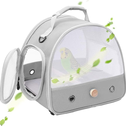 Bird Carrier, Portable Small Bird Parrot Parakeet Carrier with Standing Perch and Soft Support Mat, Side Access Window Collapsible (Grey, Mesh Windows)