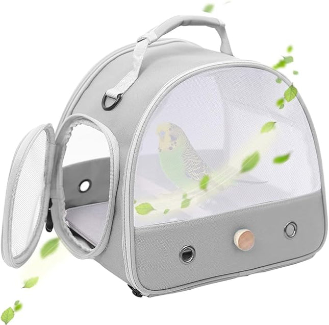 Bird Carrier, Portable Small Bird Parrot Parakeet Carrier with Standing Perch and Soft Support Mat, Side Access Window Collapsible (Grey, Mesh Windows)