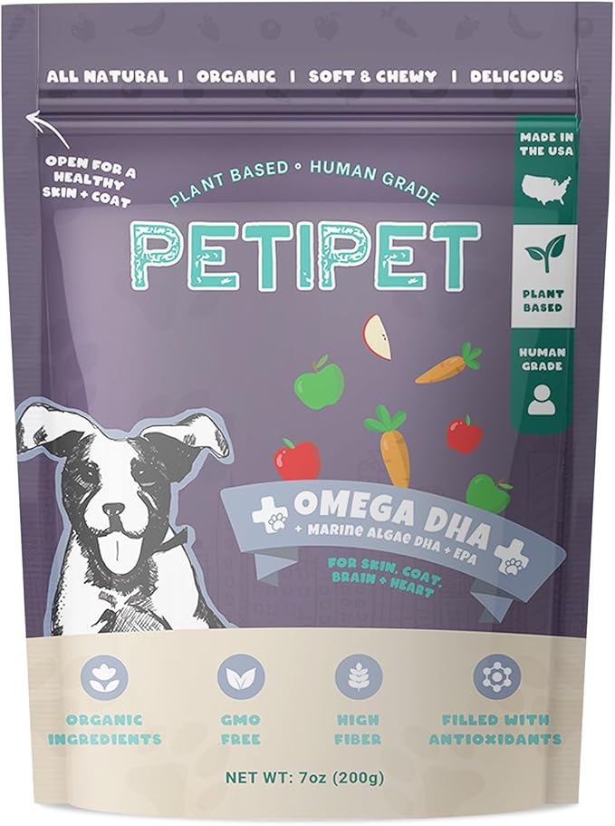 Petipet Omega 3 for Dogs - Skin, Coat, Brain & Heart Health Supplement- For Dry, Itchy, or Flaky Skin - Allergies and Itch Relief Soft & Chewy Chews - DHA and EPA Omega 3 Fatty Acids from Marine Algae