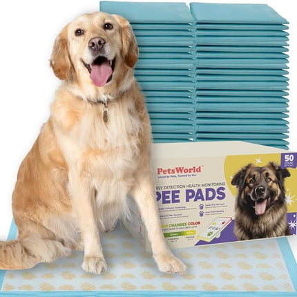 PETSWORLD Health Monitoring Dog Pee Pads – 37x54 Inch, 50 Count 3XL Color-Changing Potty Pads | Detects Health Issues | Leak-Proof, Ultra Absorbent, Odor Control