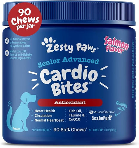 Zesty Paws Cardiovascular Support for Dogs - Taurine for Dogs - with CoQ10, L Carnitine & Sea Buckthorn - Senior Heart Health - AlaskOmega Fish Oil Omega 3 - Senior - Salmon - 90 Count