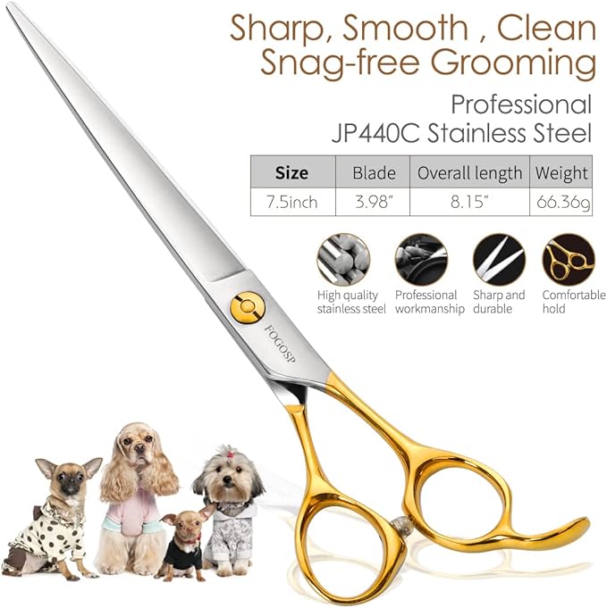 Professional Dog Grooming Scissors Straight 7.5" Pet Grooming Shears for Cutting Small Dogs Cat Thick Hair Japan 440C Stainless Steel Right Handed(7.5in Straight, Gold)