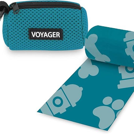 Best Pet Supplies Dog Poop Bag Holder Leash Attachment with 15 Bags, Turquoise, Reusable Mesh Dispenser Pouch for Travel, Walking, Park, and Outdoor Use, Soft and Durable with Clip-On