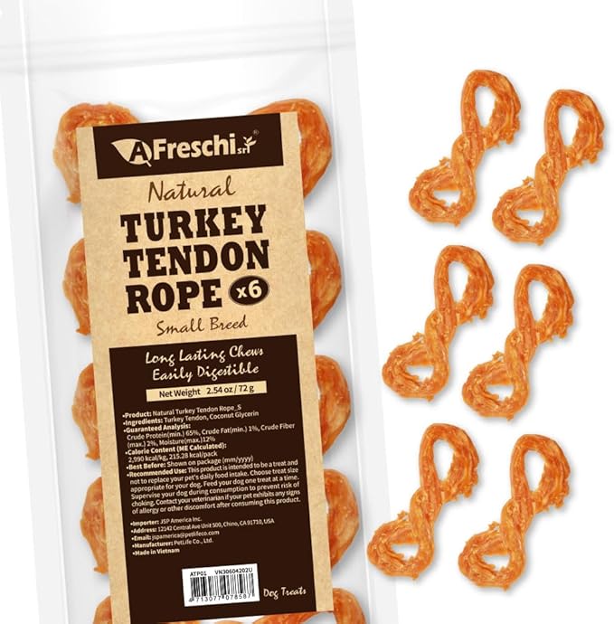 AFreschi Turkey Tendons for Dogs, USA-Sourced, Healthy Dog Treats, Rawhide-Free Puppy Chews, Long Lasting, All Natural, Hypoallergenic Dog Treats for Small Breeds, 6 Count Pack Rope (S)