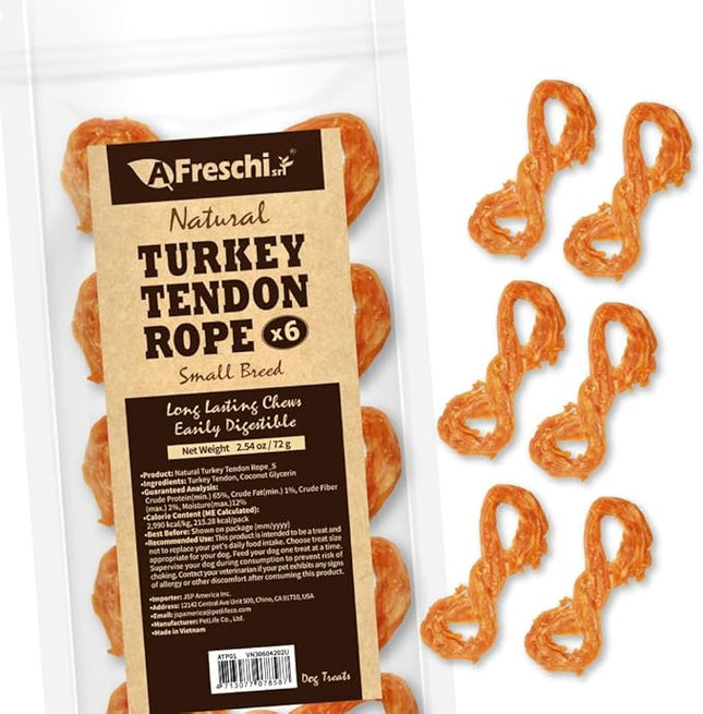 A Freschi srl Turkey Tendons for Dogs, USA-Sourced, Healthy Dog Treats, Rawhide-Free Puppy Chews, Long Lasting, All Natural, Hypoallergenic Dog Treats for Small Breeds, 6 Count Pack Rope (S)