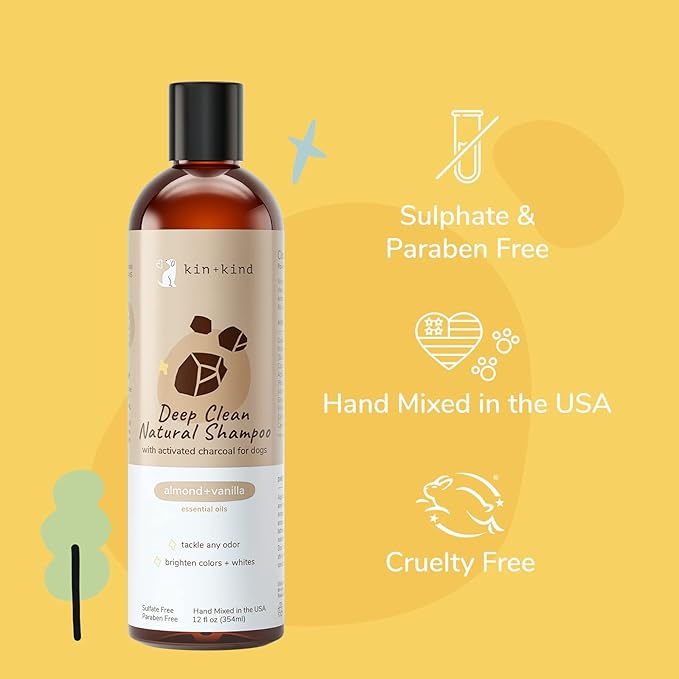 kin+kind Dog Shampoo with Activated Charcoal - Deep Clean Deodorizing Dog Shampoo for Dirt, Odor & Itch Relief - Gentle Grooming Pet Supplies with Natural Aloe, Almond & Vanilla 12 fl oz