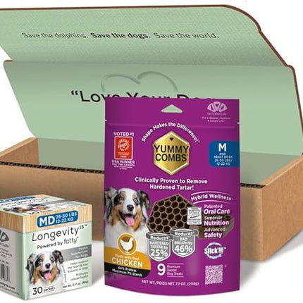 Longevity15 C15:0 Dog Health Supplement (30-Day Supply) & Yummy Combs Dog Dental Treats (8oz Bag) for Medium Dogs – C15:0 Fatty Acid for Daily Wellness, Food Topper – VOHC Approved Oral Care Treat