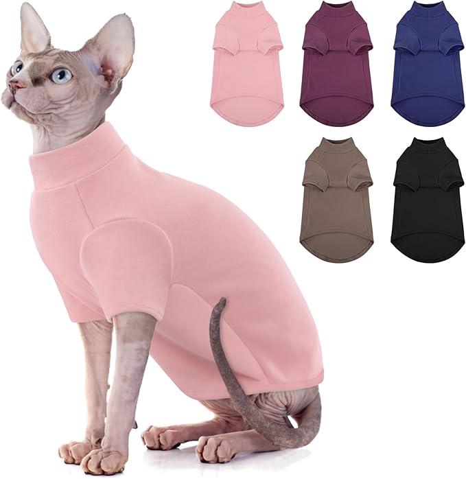 SUNFURA Turtleneck Sweater for Cat, Sphynx Cats Shirt Hairless Cat Sweaters with Sleeves, Warm and Soft Kitten Pullover Fleece Winter Pajamas Jumpsuit for Puppy Cats, Pink M