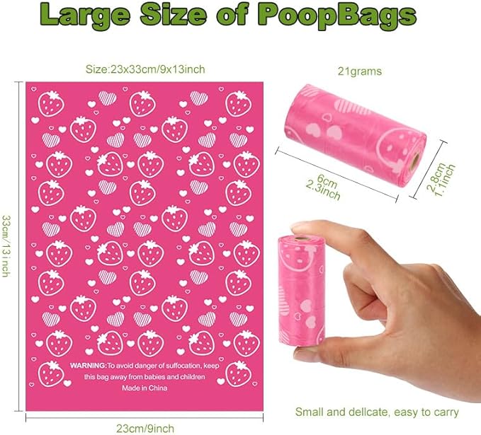 Biodegradable Dog Poop Bags Rolls with Pull-Ring Dispenser - 5 Fresh Scents, Large 9x13 Inch Plant-Based Bags, Leakproof & Easy Tear ((Strawberry Scent,Pink,240 Count, 16 Rolls)