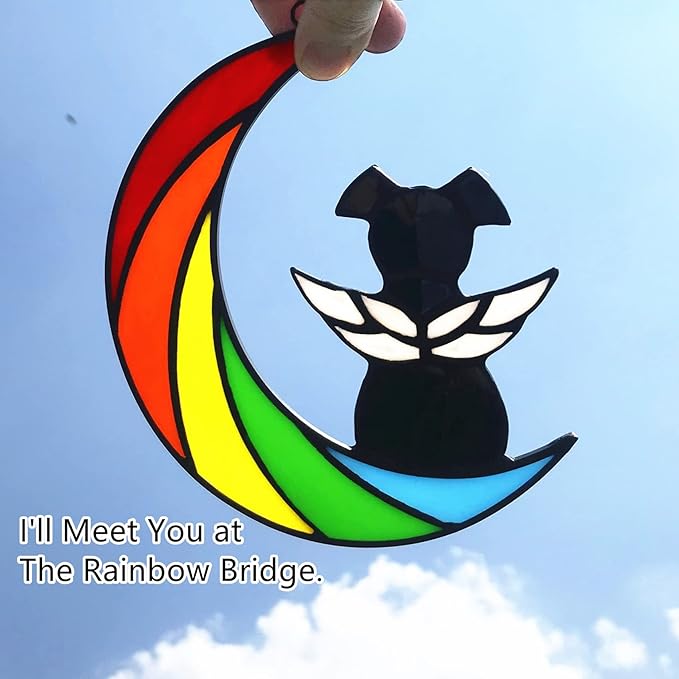 Stained Glass Rainbow Bridge Dog Memorial Gifts for Loss of Dog Sympathy Remembrance Suncatcher, Angel Wings Pet Loss Bereavement Gifts in Memory of Pet Passing Away Window Hanging.