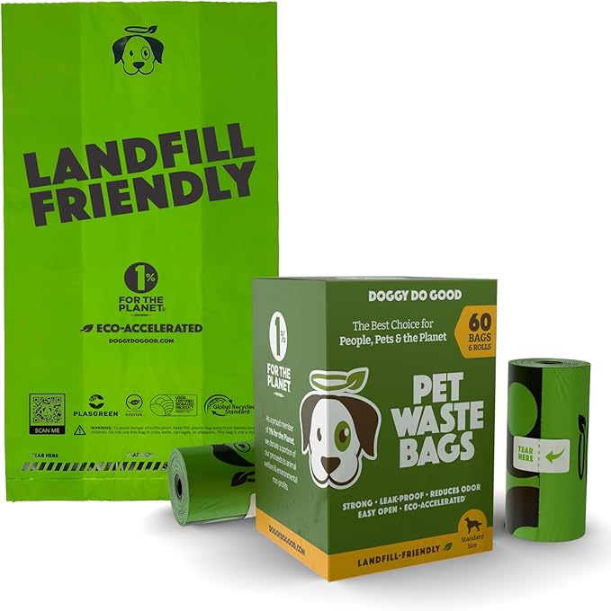 Doggy Do Good Landfill-Friendly Poop Bags | Dog Waste Bags Made with 50% Recycled Plastic + 15% Biobased Material | Unscented, Thick, Leak-Proof, Easy Open | Standard Size | 60 Count