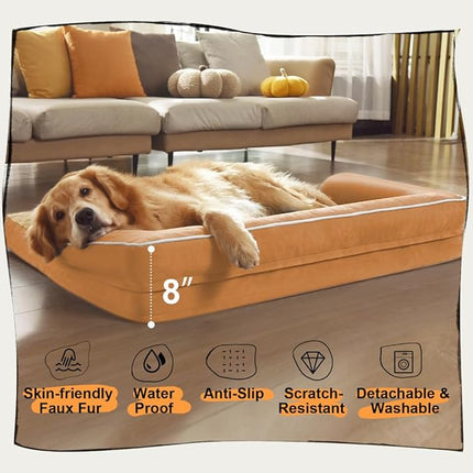 Large Dog Bed Orthopedic Washable, Orthopedic Dog Beds for Large Dogs with Washable Cover, Removable Bolster and Non-Slip Bottom Orange Pet Beds, XL XLarge Extra Large Dogs