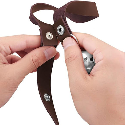 Leather Dog Doorbells for Door Knob/Potty Training/Go Outside, Length Adjustment Copper Dog Bell, Housetraining Hanging Bell, Dark Brown Leather Silver Bells