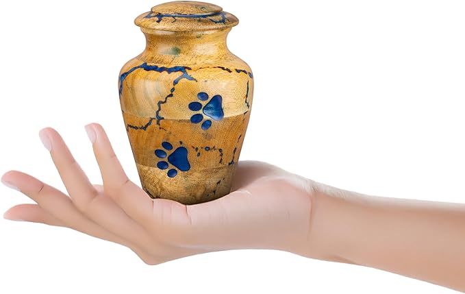 INTAJ Wooden Pet Urns for Dogs/Cats Ashes - Blue Resin Paws & Lichtenburg Design - Keepsake Cremation Urn Box, Pet Memorial Wooden Urns for Ashes, Small to Large Sizes (Classic, Small)