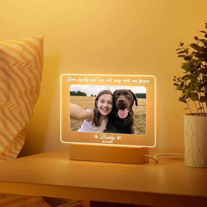 Personalized Pet Memorial Gifts, Pet Loss Gifts in Memory of Dog Night Lights, Custom Dog Memorial Plaque, Cat Memorial Photo Frame (Design #2)
