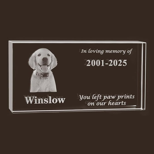 Crystal Pet Memorial Stone, Custom Laser Engraved Photo Remembrance Block with Gift Box, Pet Loss Sympathy Gift