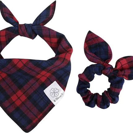 E-Clover Christmas Red Dog Bandanas & Matching Scrunchie Set Plaid Dog Scarf Bibs for Medium Large Dogs Girl Boy Pet Owner Gift Blue
