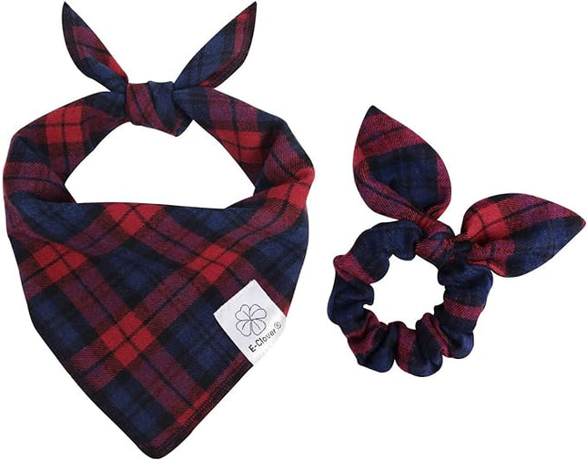 E-Clover Christmas Red Dog Bandanas & Matching Scrunchie Set Plaid Dog Scarf Bibs for Medium Large Dogs Girl Boy Pet Owner Gift Blue