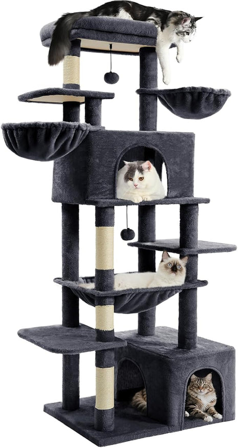 Cat Tree Large Cat Tower Tree 68" Multi-Level Cat Tower for Indoor Cats with Sisal Scratching Posts, Widen Cat Perche, Square Hammock, 2 Widen Condos, Scratching Posts, Grey