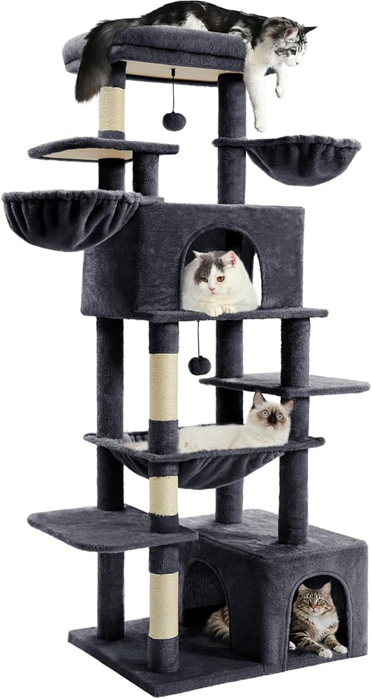 Cat Tree Large Cat Tower Tree 68" Multi-Level Cat Tower for Indoor Cats with Sisal Scratching Posts, Widen Cat Perche, Square Hammock, 2 Widen Condos, Scratching Posts, Grey
