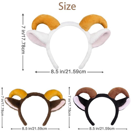 Beviliu Goat Ears Headband Set with Ram Horns, 3Pack Goat Ears and Horns Headband, Sheep Ears Custome Lamb Ears Headwear for Halloween Christmas Birthday Party Theme Cosplay