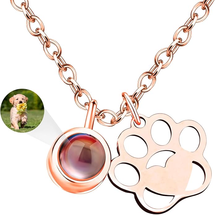 Personalized Picture Necklace with picture inside Custom Projection Necklace Cat/Dog Paw Print Pet Memorial Necklaces for Pet Lovers, Photo Gifts for Anniversary Dog Lovers