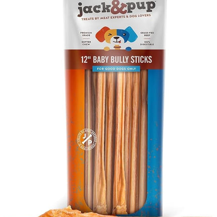 Jack&Pup 12 Inch Junior Bully Stick Dog Chew - Single Ingredient, All Natural Puppy Treat Chews - Great for Teething Puppies (5 Pack)