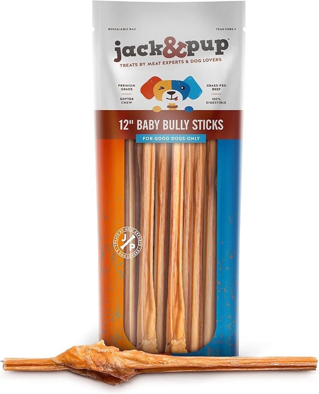 Jack&Pup 12 Inch Junior Bully Stick Dog Chew - Single Ingredient, All Natural Puppy Treat Chews - Great for Teething Puppies (5 Pack)