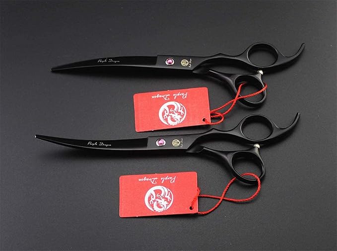 Purple Dragon Professional 7.0 inch 4PCS Pet Grooming Scissors Kit Japan Premium Steel Straight, Curved & Thinning Blade Dog Hair Cutting Shears Set with Case