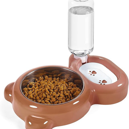 Dog Bowls, Cat Food and Water Bowl Set with Water Dispenser and Stainless Steel Bowl for Cats and Small Dogs - Brown
