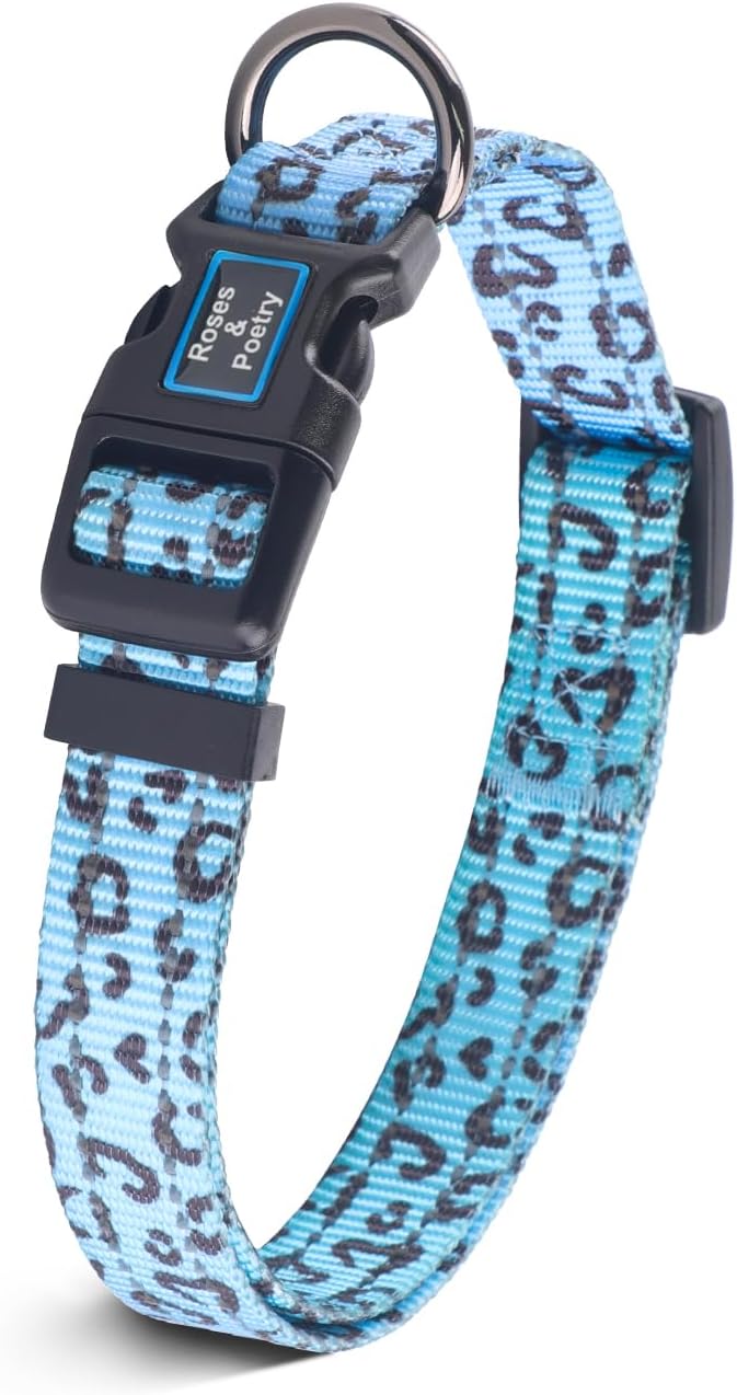 Roses&Poetry Dog Collars for Medium Dogs, Leopard Print Puppy Collar Adjustable Nylon Pet Collar Durable Reflective for Small Medium Large Dogs(Azure-Leopard M)