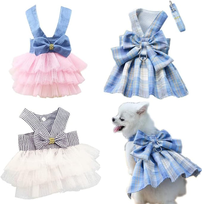 Harness Dress Costumes for Cats Puppy Leash Clothes for Small Dogs Birthday Party Dresses XS 3PCS B