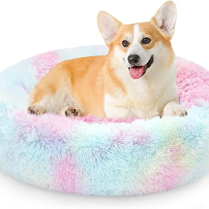 NOYAL Calming Donut Dog Bed for Small to Medium Dogs & Cats - Plush Faux Fur Anti-Anxiety Pet Bed with Machine Washable Cover & Non-Slip Base