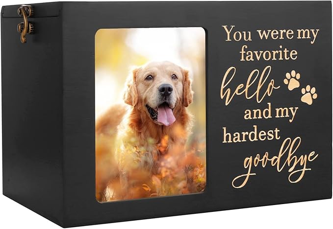 Pet Memorial Urns for Dog or Cat Ashes, Large Wooden Funeral Cremation Urns with Photo Frame, Keepsake Memory Box with Black Flannel Lining